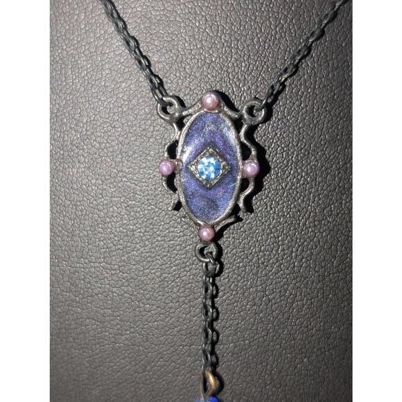 Antiqued Purple Enamel Crystal Y Drop Blackened Chain 15.5" Necklace - Picture 2 of 6